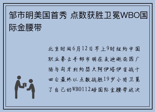 邹市明美国首秀 点数获胜卫冕WBO国际金腰带
